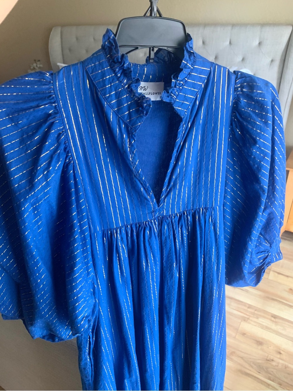 Never a Wallflower Blue Metallic Gold Midi Dress